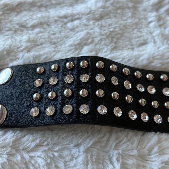 Adjustable Leather Studded Rhinestone Cuff - Picture 4 of 7